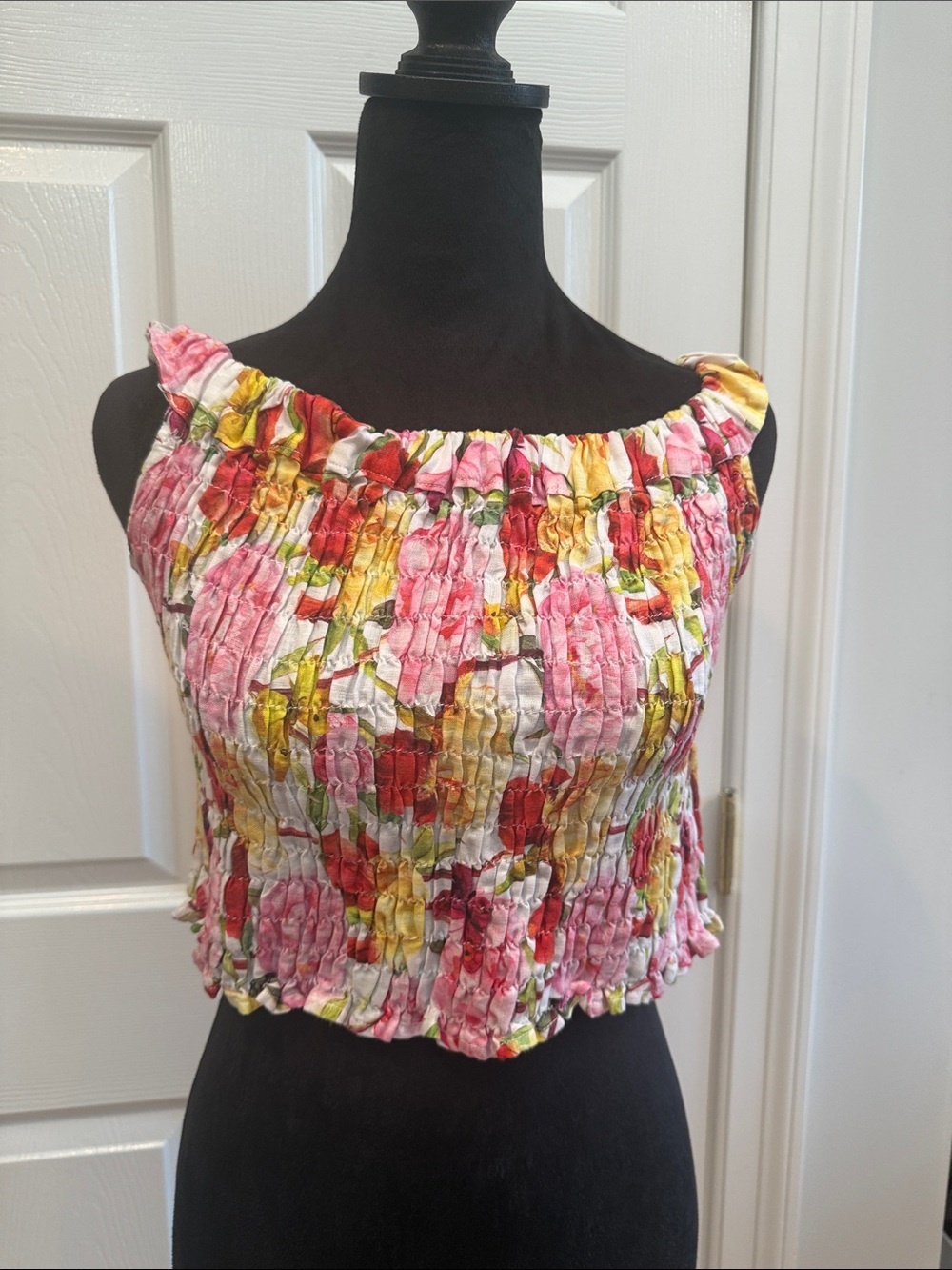 Smocked Floral Crop Top - Pink & Yellow